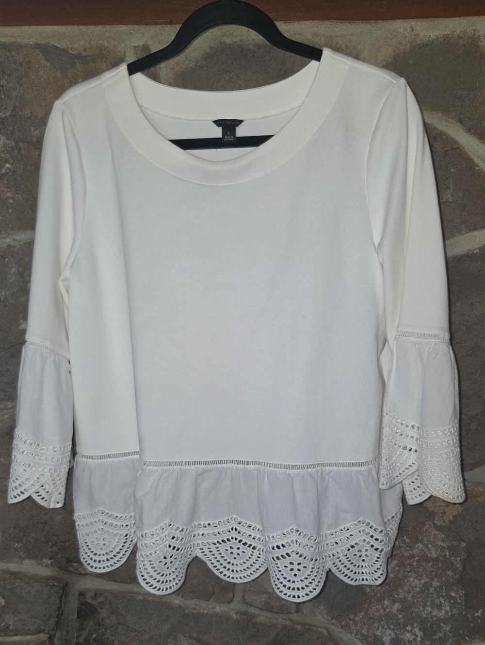 Ann Taylor White Eyelet Hem Peplum Top